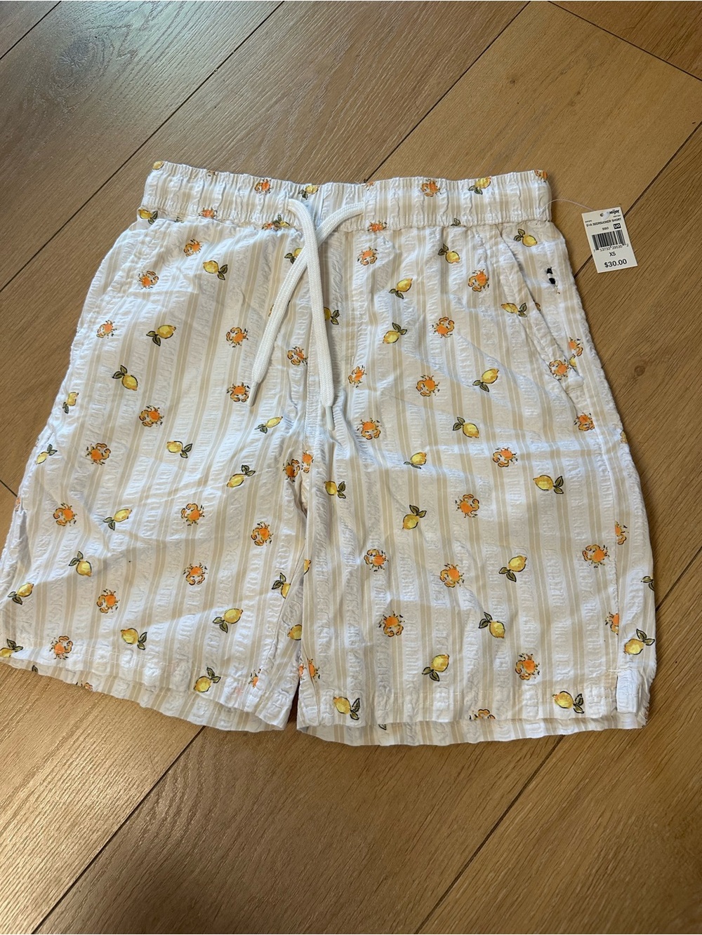 White Seersucker Lemon & Crab Print Drawstring Shorts